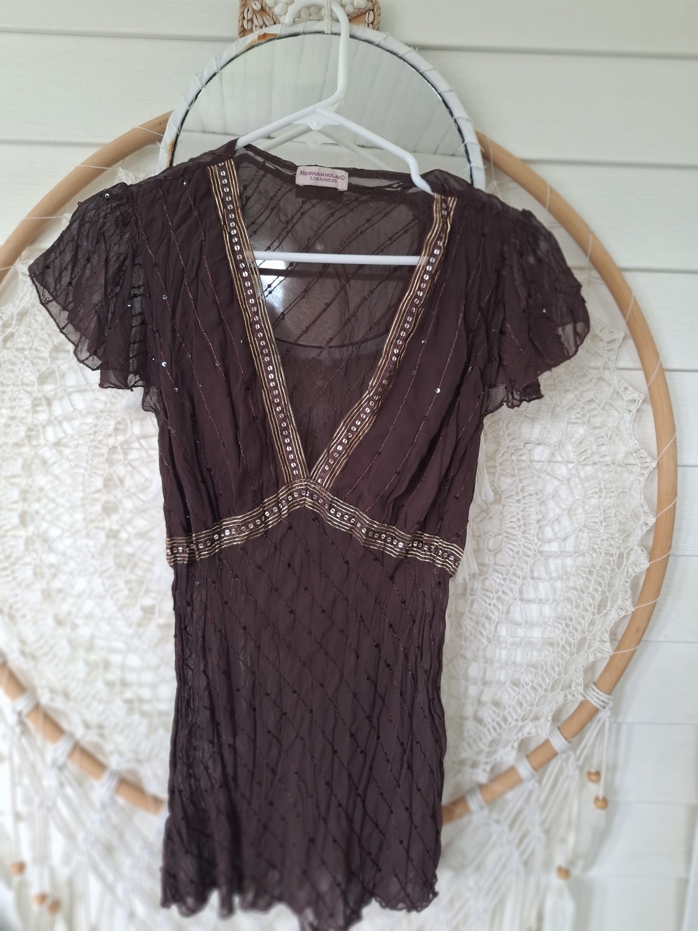Megalhan Noland Brown Sequin Beaded Sheer V-Neck Top Size Meduim - Picture 3 of 3